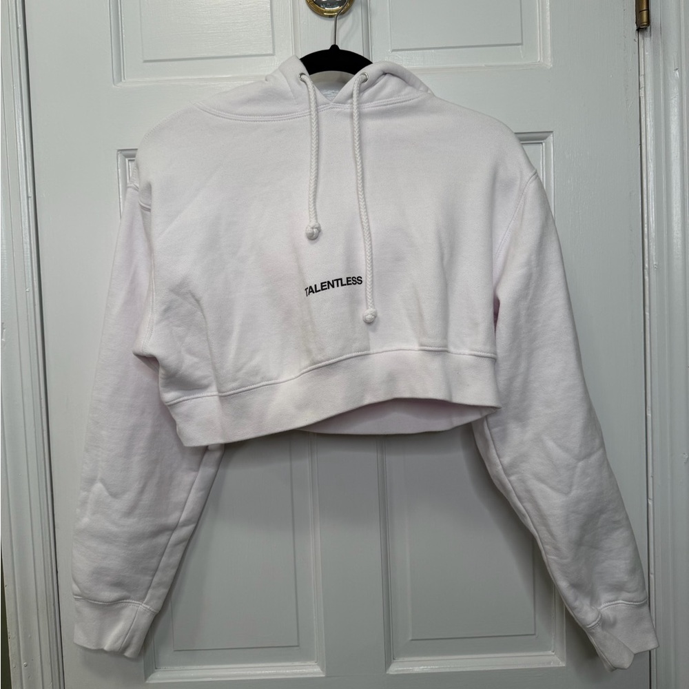 Talentless Cropped Hoodie White Drawstring Logo Streetwear Sweatshirt Size XS‎